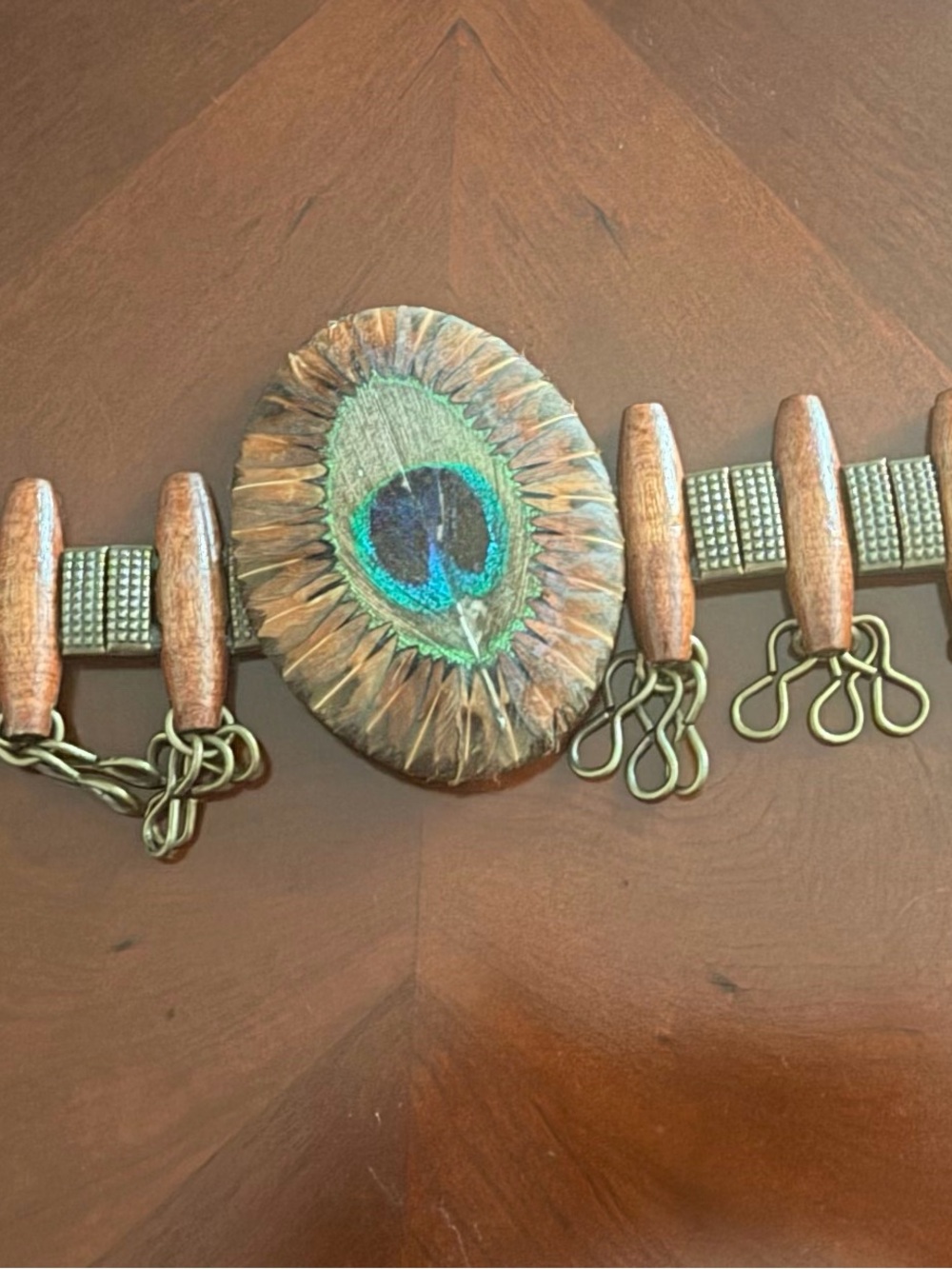 Vintage Lee Sands Bohemian Peacock Feather Wood Accent Belt - Teal & Brown